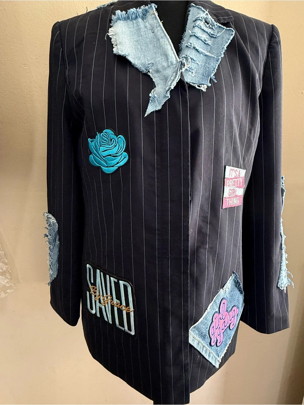 Blue Pinstripe Patchwork Blazer Jacket with Denim Accents - Picture 1 of 4
